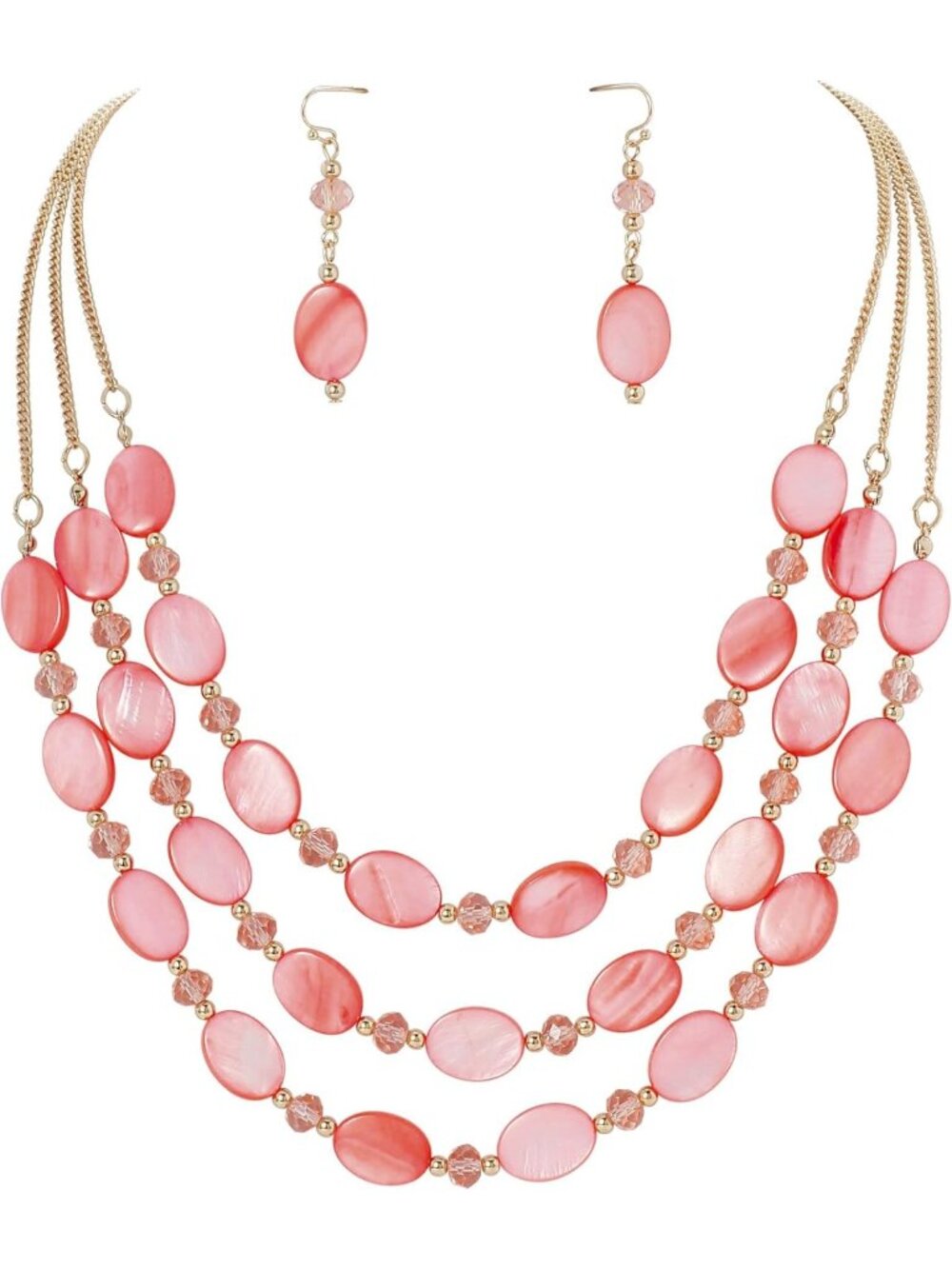 Elegant 3-Layer Oval Mother of Pearl Bead Jewelry Set - Necklace & Earrings for
